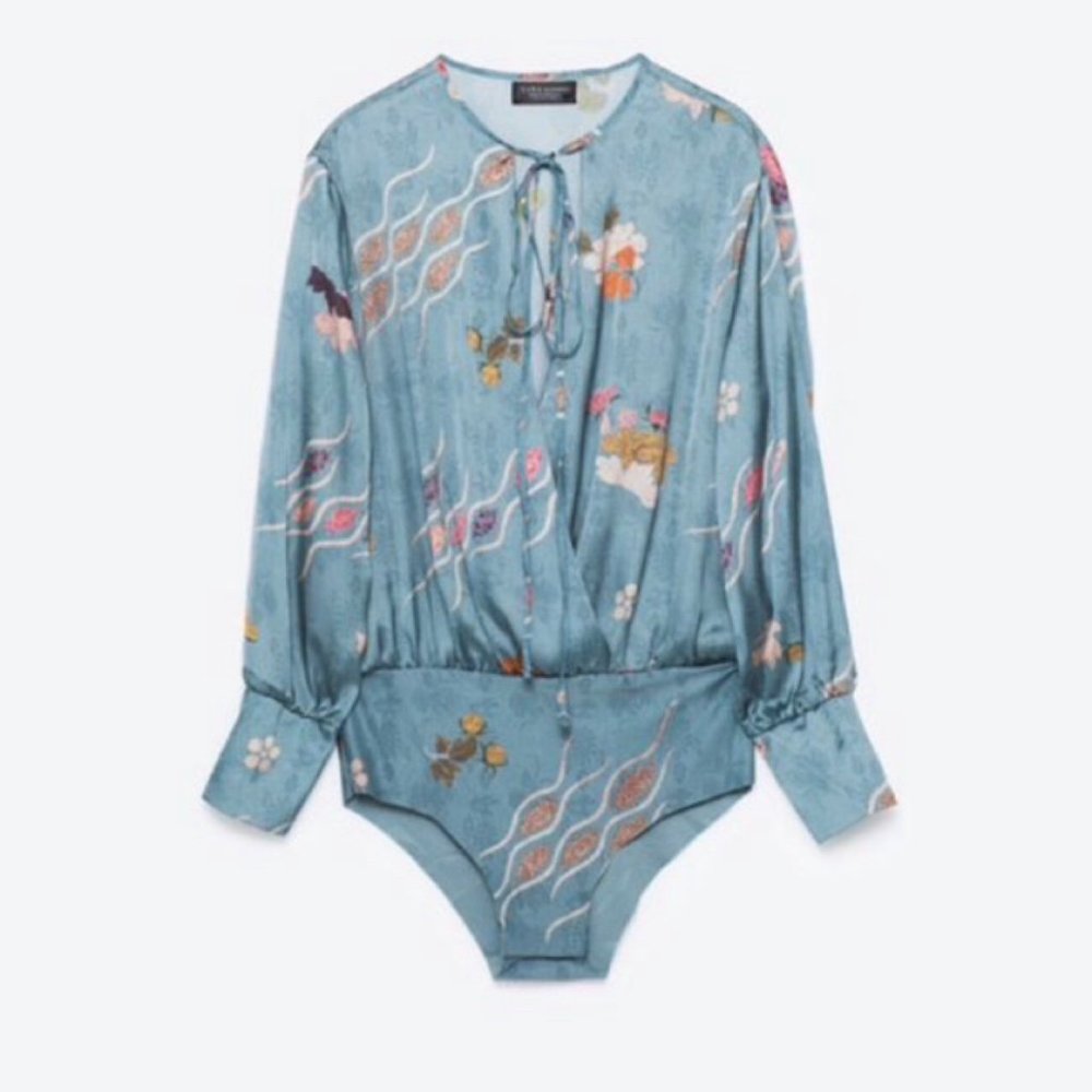 Zara Silk Tie Bodysuit Printed Long Sleeve Blouse